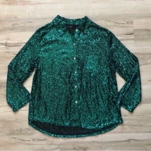 Vici Green Sequin Button Up Blouse